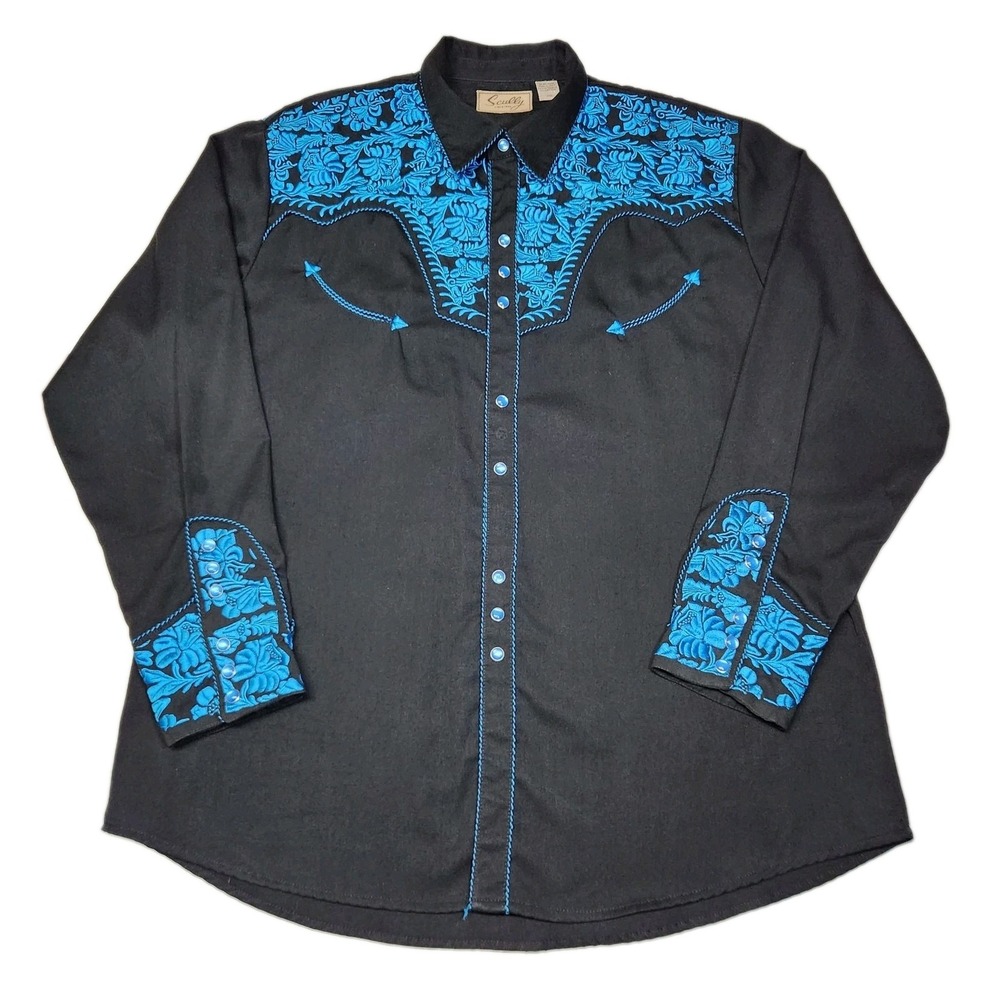 Scully Gunfighter Shirt Mens XXL Black Turquoise Embroidered Pearl Snap Western